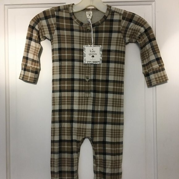 Kate Quinn bamboo Union Suit 18 to 24 mo. plaid brown overalls pajamas top pants - Picture 1 of 1